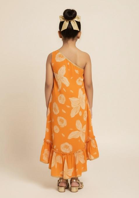 Orange Georgette Floral Print Dress For Girls