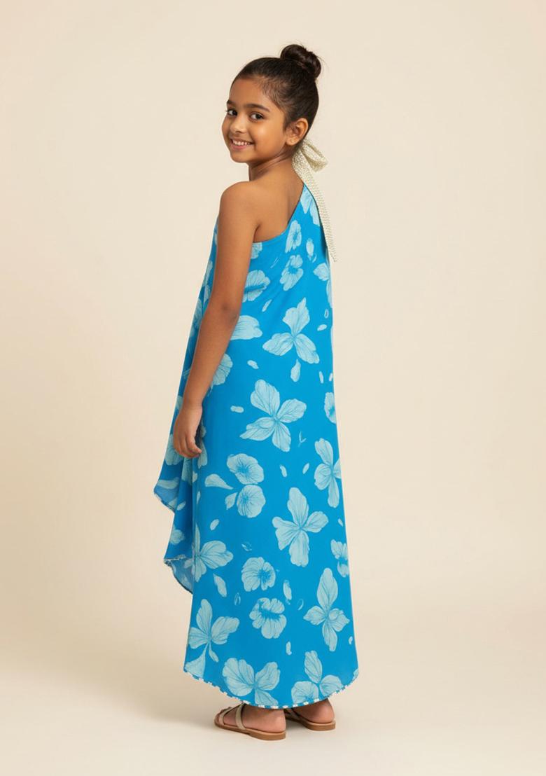 Blue Georgette Floral Print Dress For Girls