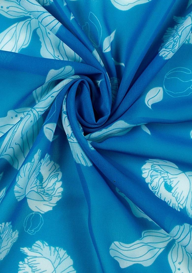 Blue Georgette Floral Print Dress For Girls