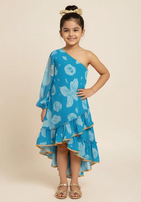 Blue Georgette Floral Print Dress For Girls