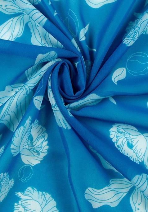 Blue Georgette Floral Print Dress For Girls