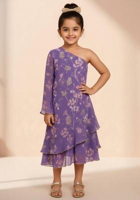 Purple Chiffon Floral Print Dress For Girls