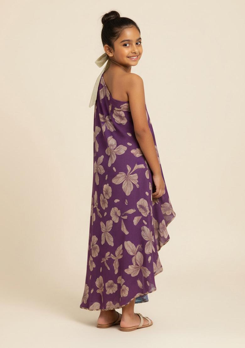 Purple Chiffon Floral Print Dress For Girls - Indya