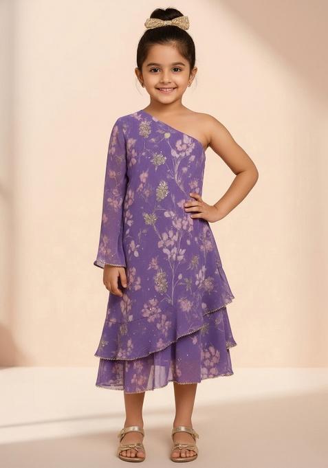 Purple Chiffon Floral Print Dress For Girls