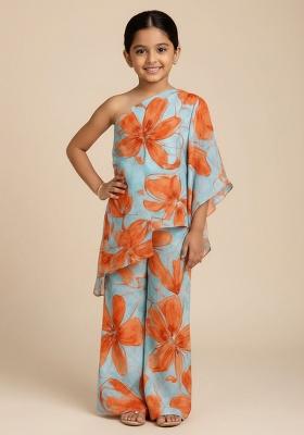 Multi Color Satin Floral Print Fusion Set For Girls