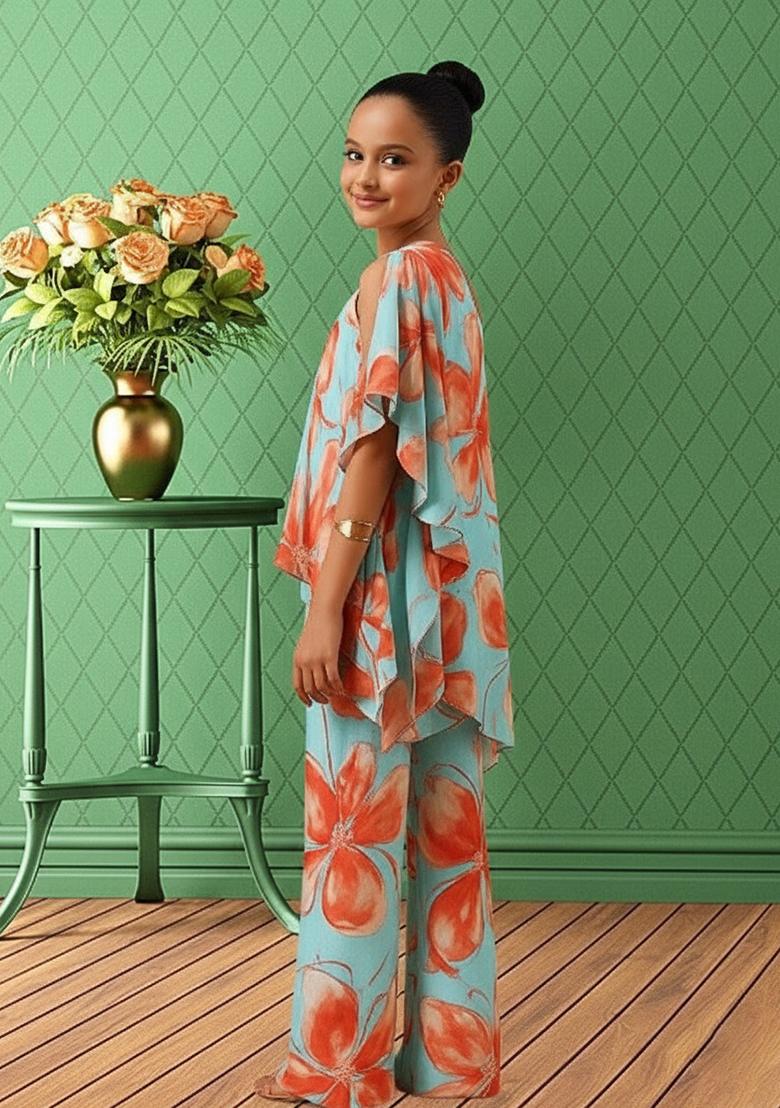 Multi Color Satin Floral Print Fusion Set For Girls - Indya