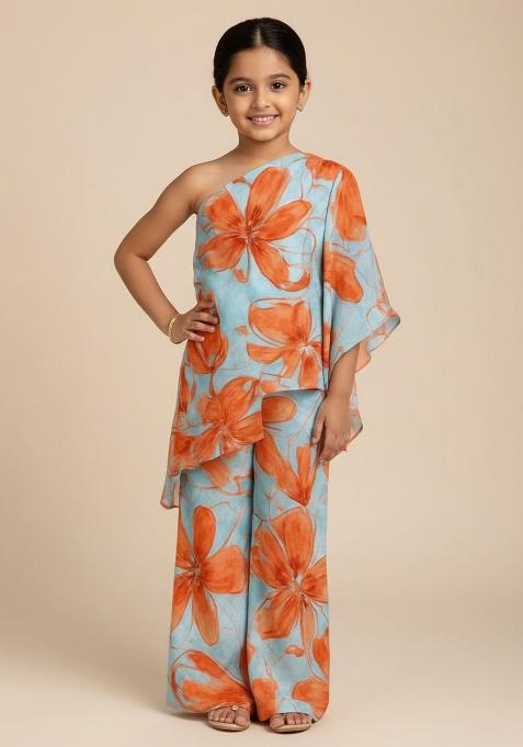 Multi Color Satin Floral Print Fusion Set For Girls