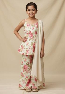 White Satin Floral Print Fusion Set For Girls