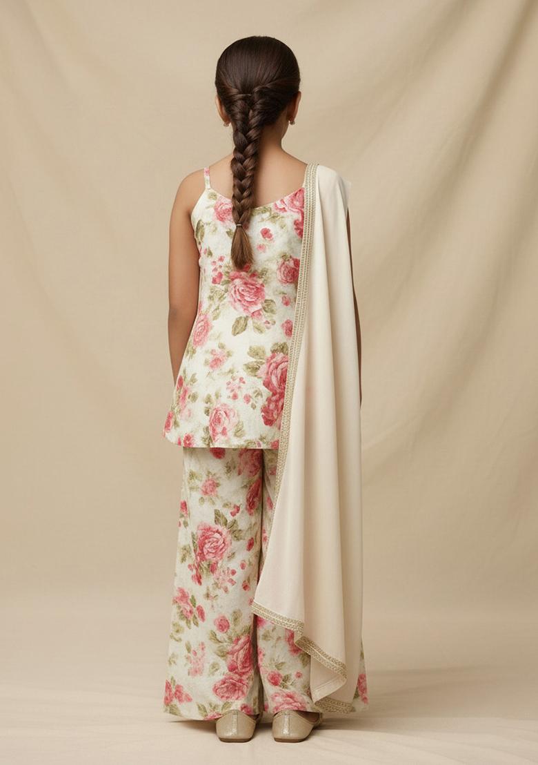 White Satin Floral Print Fusion Set For Girls
