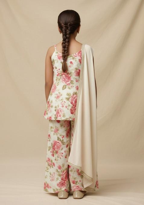 White Satin Floral Print Fusion Set For Girls