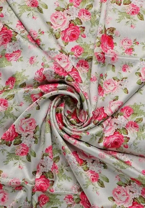 White Satin Floral Print Fusion Set For Girls