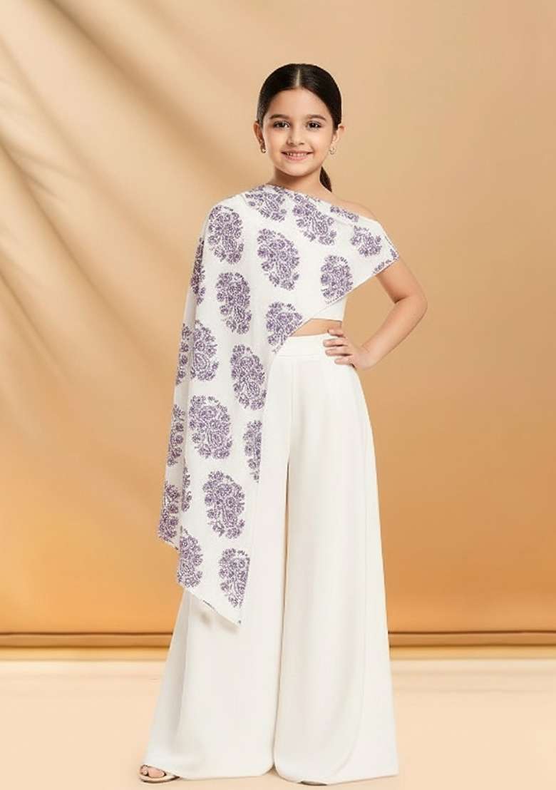 White Satin Floral Print Fusion Set For Girls - Indya