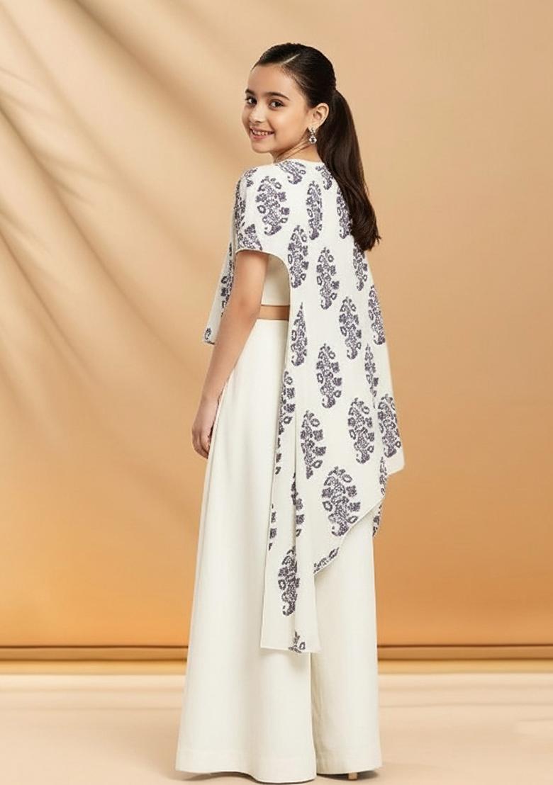 White Satin Floral Print Fusion Set For Girls - Indya