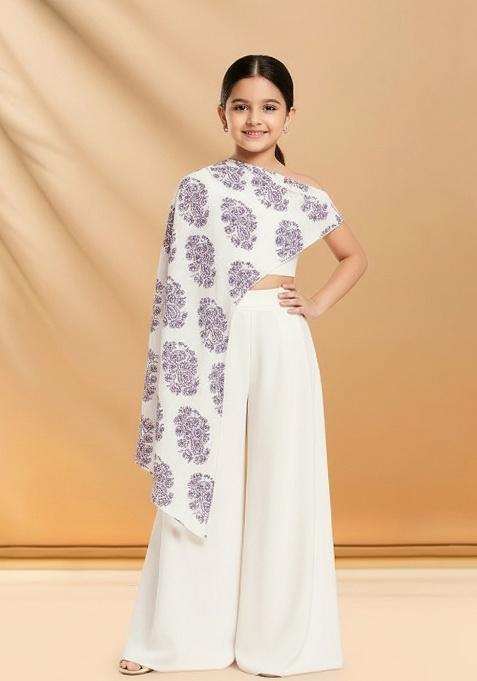 White Satin Floral Print Fusion Set For Girls