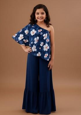 Blue Satin Floral Print Fusion Set For Girls