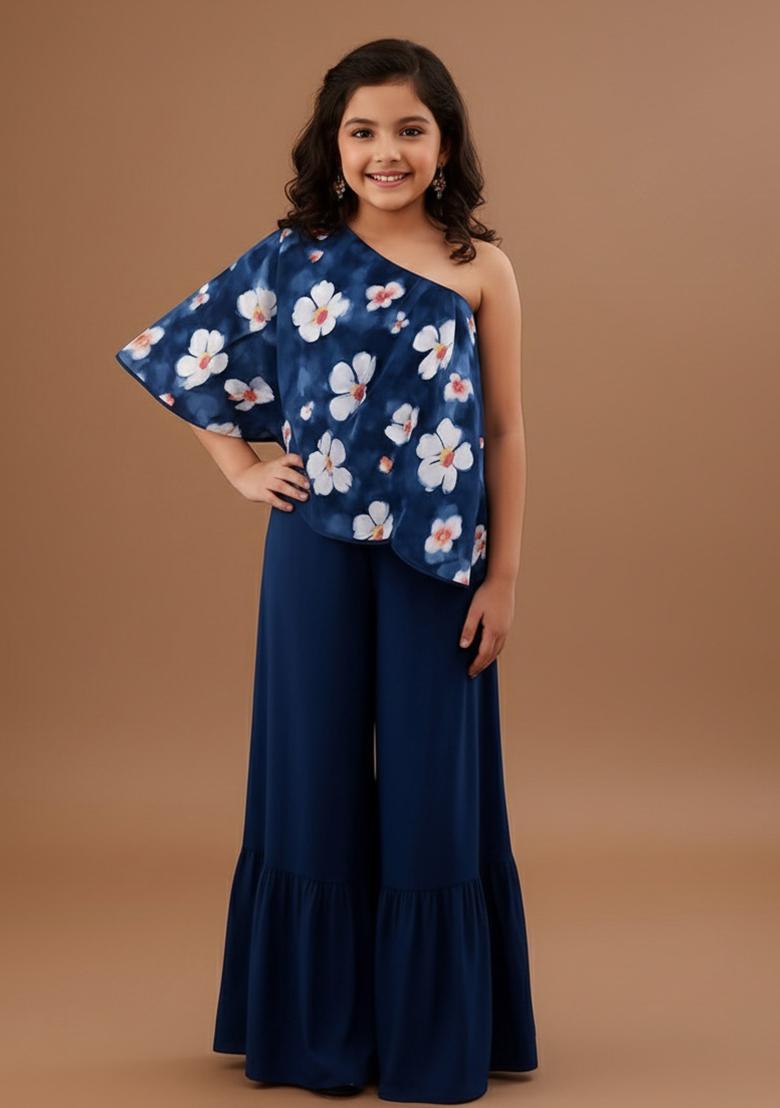 Blue Satin Floral Print Fusion Set For Girls