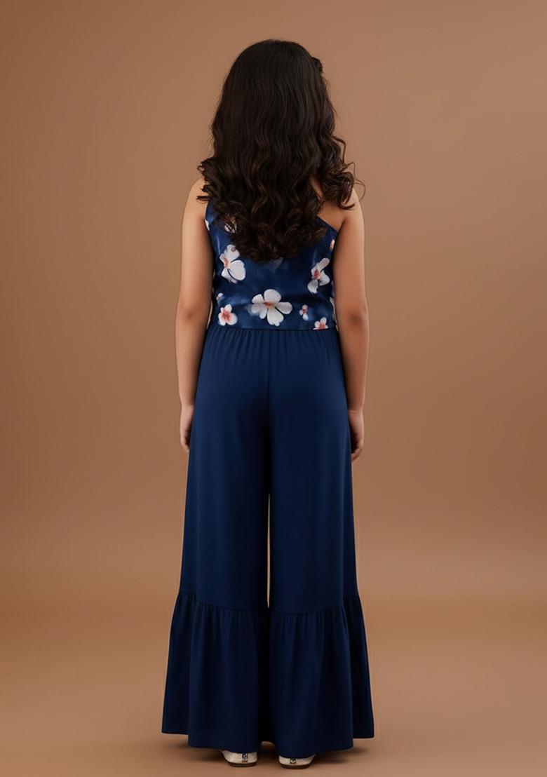 Blue Satin Floral Print Fusion Set For Girls - Indya