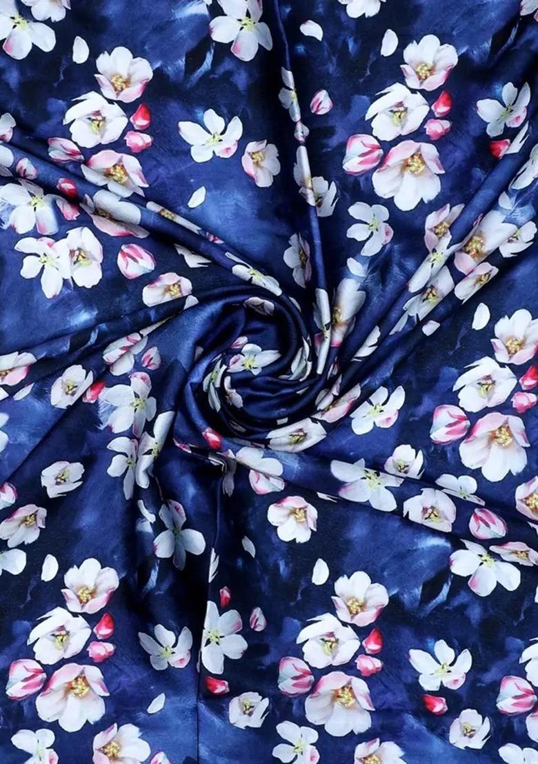 Blue Satin Floral Print Fusion Set For Girls