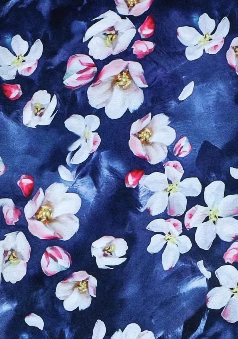 Blue Satin Floral Print Fusion Set For Girls - Indya