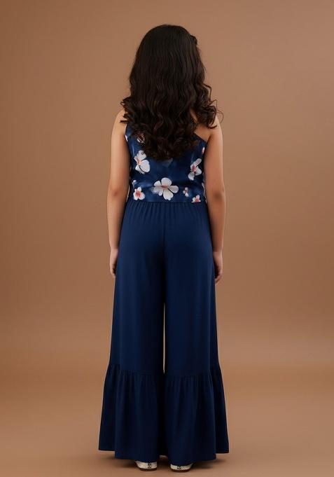 Blue Satin Floral Print Fusion Set For Girls