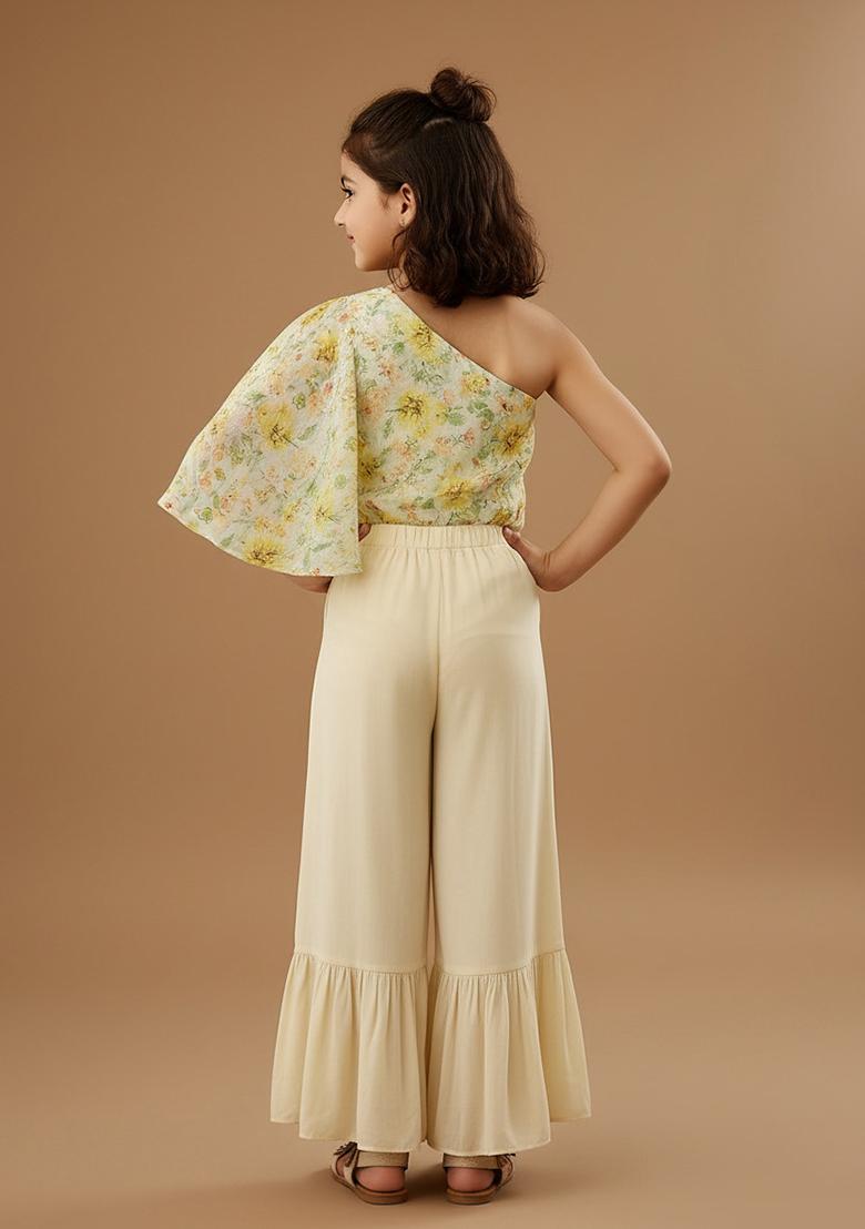 Yellow Satin Floral Print Fusion Set For Girls