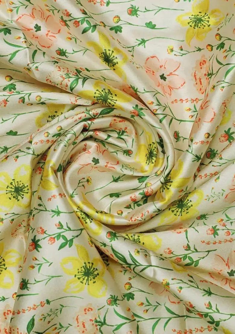 Yellow Satin Floral Print Fusion Set For Girls