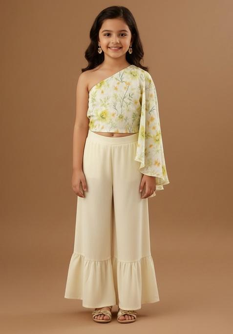 Yellow Satin Floral Print Fusion Set For Girls