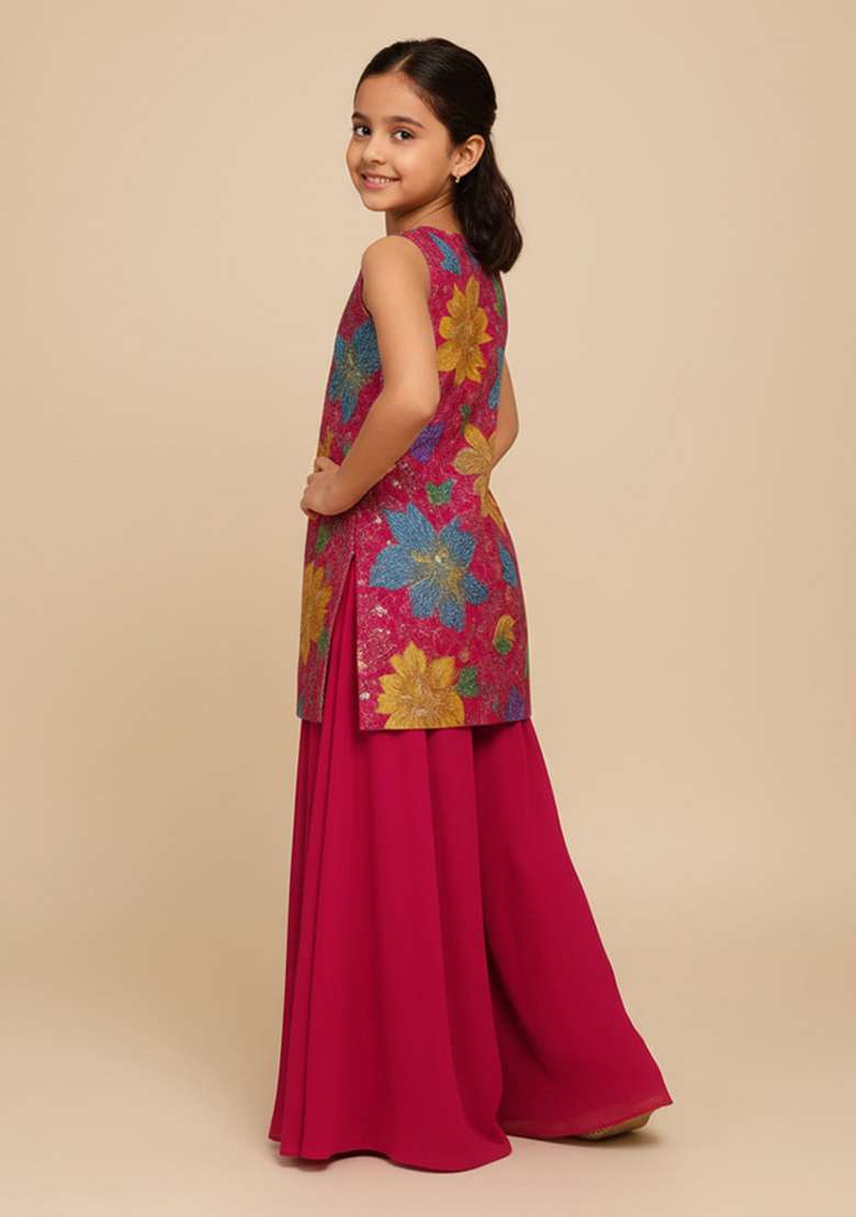 Pink Crepe Embroidered Kurta Set For Girls - Indya