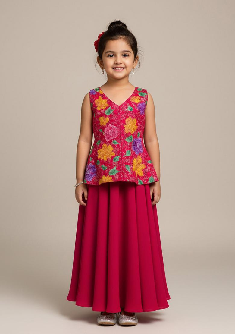 Pink Crepe Embroidered Kurta Set For Girls - Indya