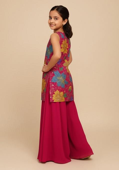 Pink Crepe Embroidered Kurta Set For Girls