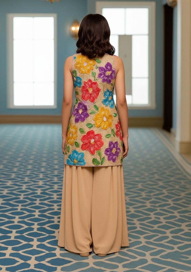 Beige Crepe Embroidered Kurta Set For Girls - Indya