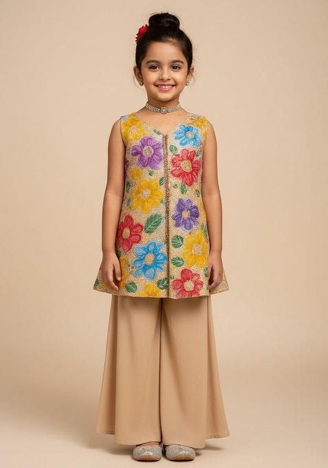 Beige Crepe Embroidered Kurta Set For Girls