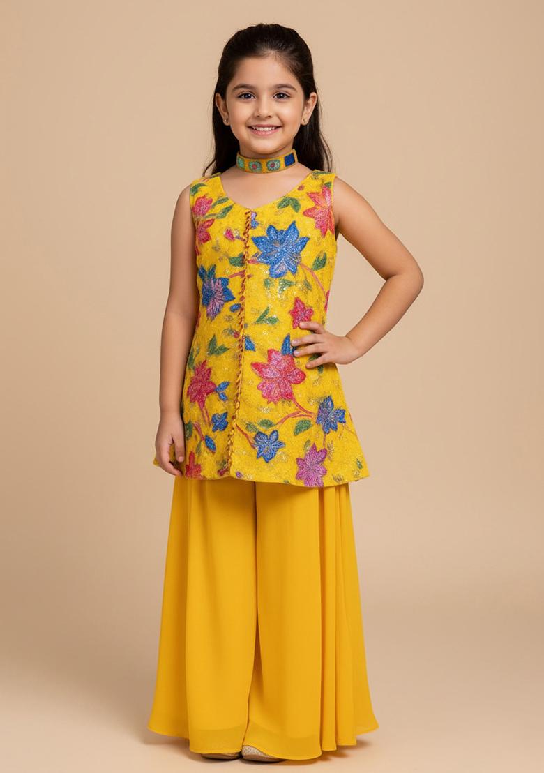 Yellow Crepe Embroidered Kurta Set For Girls