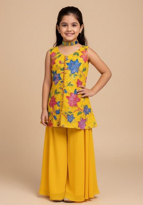 Yellow Crepe Embroidered Kurta Set For Girls