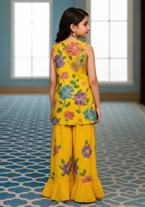 Yellow Crepe Embroidered Kurta Set For Girls