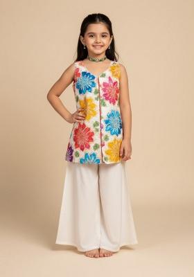 White Crepe Embroidered Kurta Set For Girls