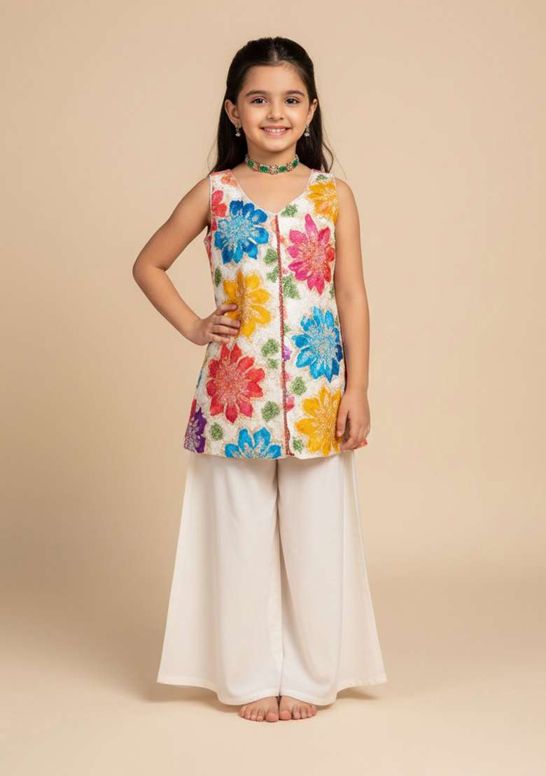 White Crepe Embroidered Kurta Set For Girls - Indya