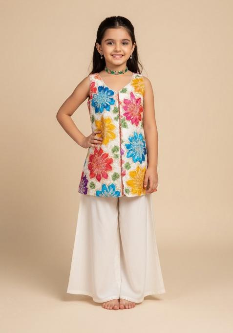 White Crepe Embroidered Kurta Set For Girls