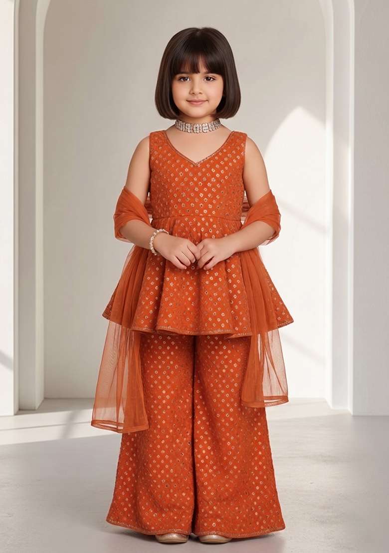 Orange Georgette Embroidered Kurta Set For Girls - Indya
