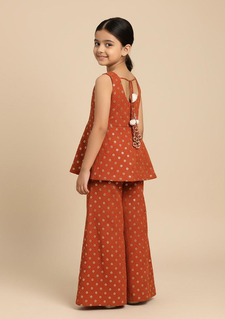Orange Georgette Embroidered Kurta Set For Girls - Indya