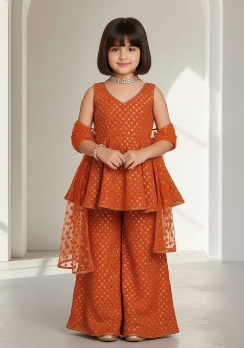 Orange Georgette Embroidered Kurta Set For Girls