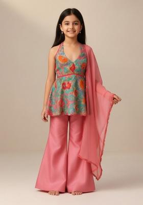 Bright Pink Chinon Floral Print Kurta Set For Girls