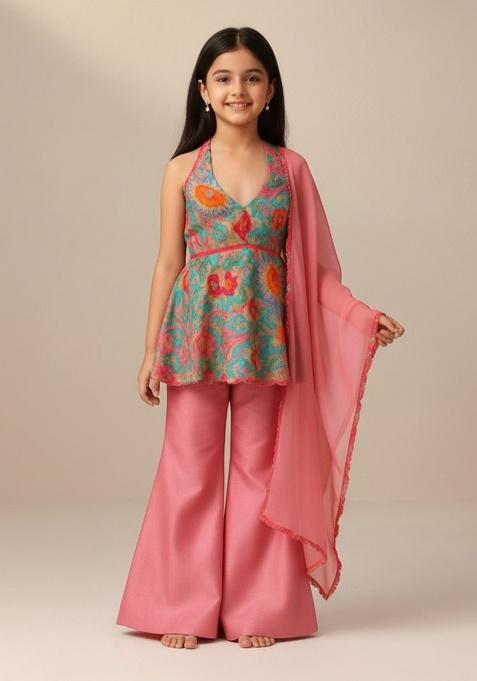 Bright Pink Chinon Floral Print Kurta Set For Girls