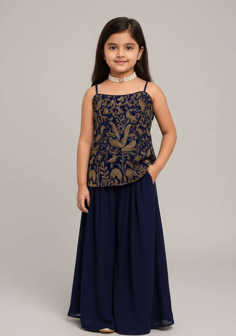 Black Velvet Embroidered Kurta Set For Girls - Indya