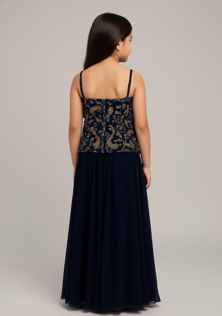 Black Velvet Embroidered Kurta Set For Girls - Indya