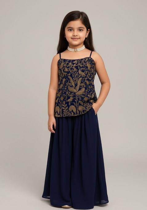Black Velvet Embroidered Kurta Set For Girls