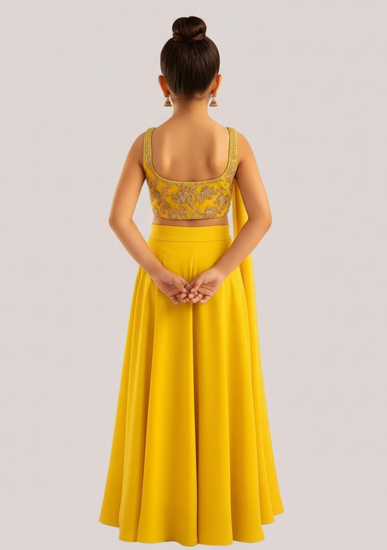 Yellow Georgette Embroidered Sharara Set For Girls