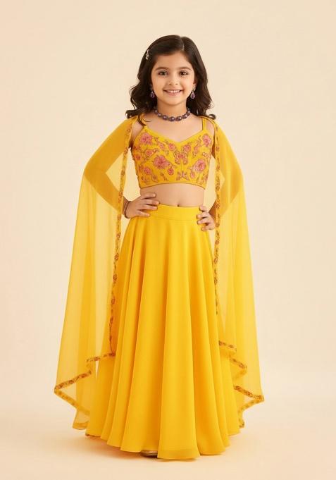 Yellow Georgette Embroidered Sharara Set For Girls