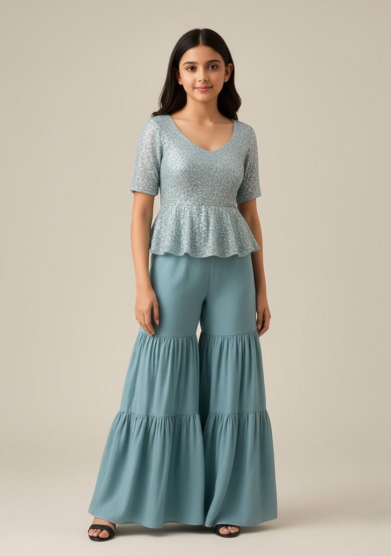 Sage Green Georgette Embellished Sharara Set For Girls