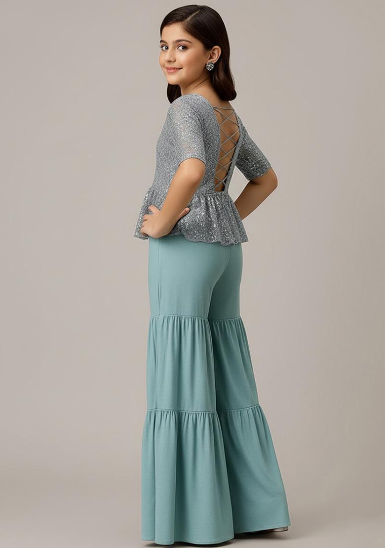 Sage Green Georgette Embellished Sharara Set For Girls